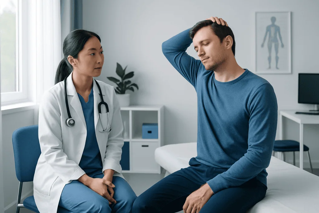 Patient experiencing neck pain during consultation at Acibadem Hospital.