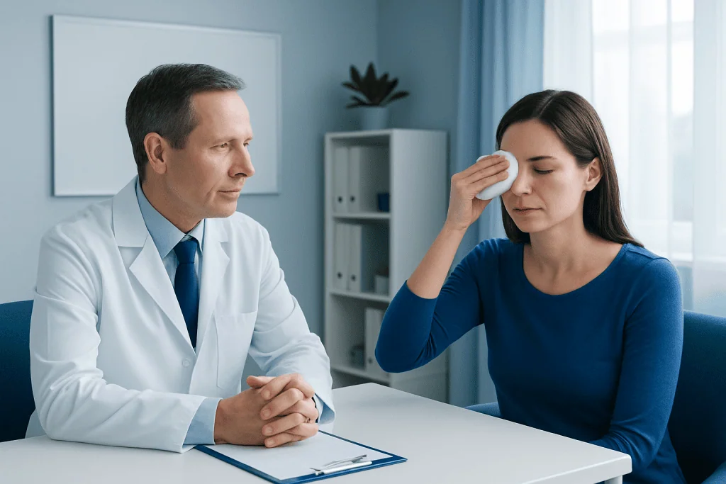 Ophthalmologist consulting with a patient about eye health.