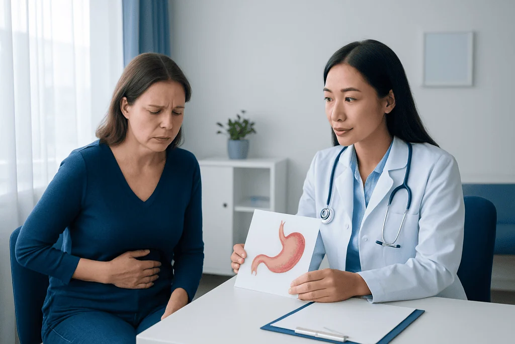 Doctor explaining stomach diagram to patient in a medical consultation.