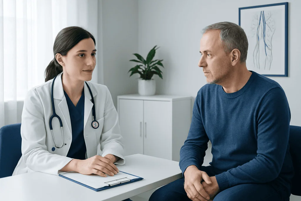 Vascular consultation at Acibadem Hospitals Group with a doctor and patient.