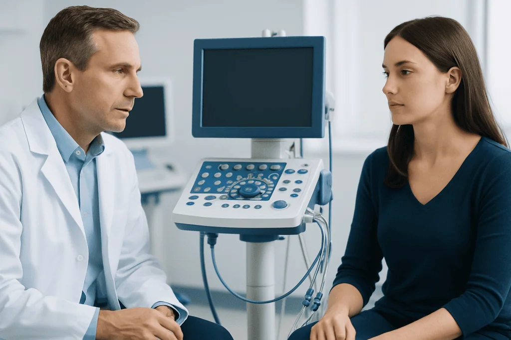 Doctor and patient discussing medical results with ultrasound machine in background.