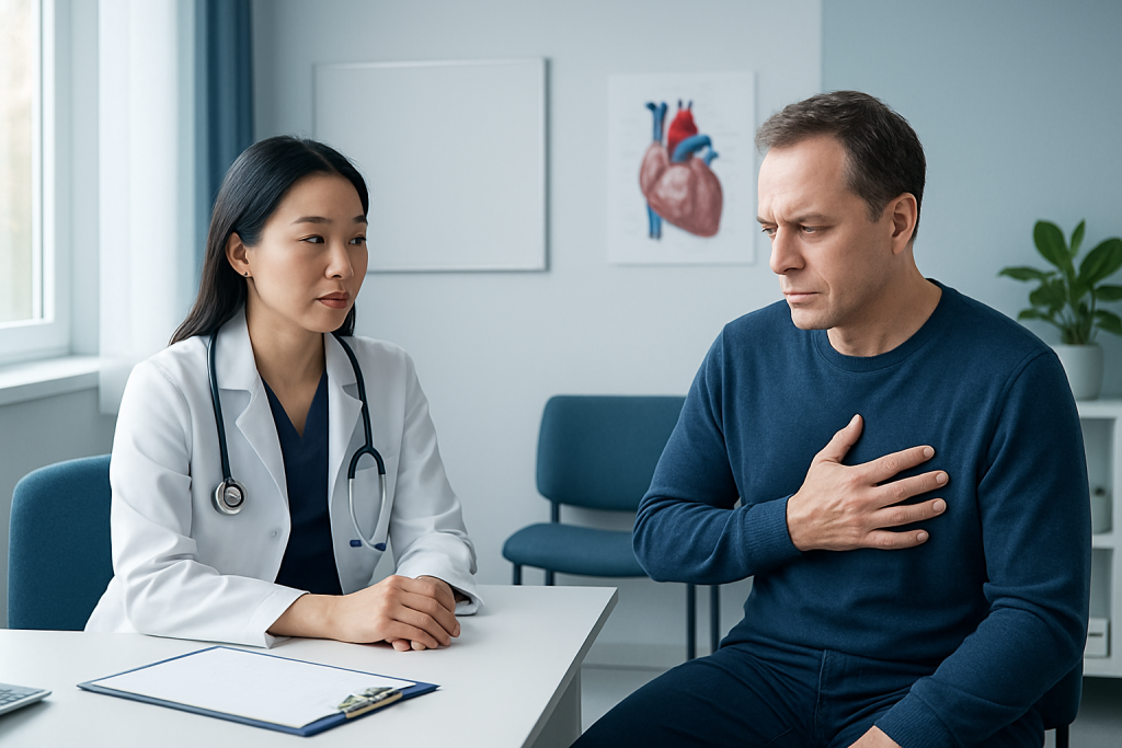 Doctor consulting with a patient experiencing chest pain in a medical office.