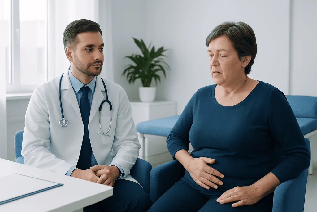 Doctor consulting with a female patient in a medical office.