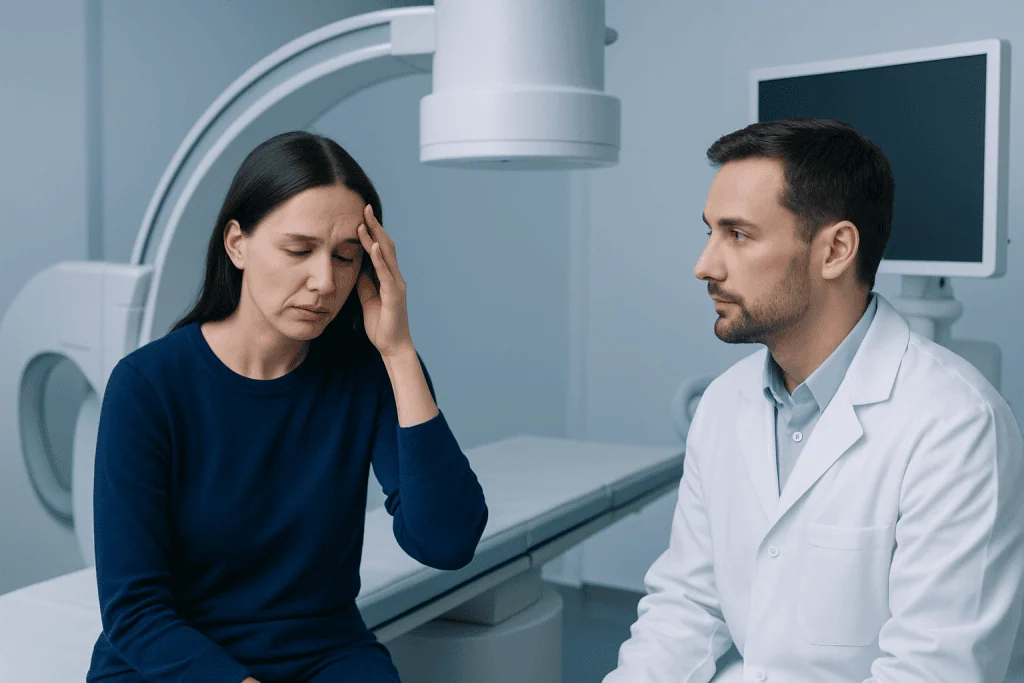 Patient experiencing headache consultation with doctor in hospital.