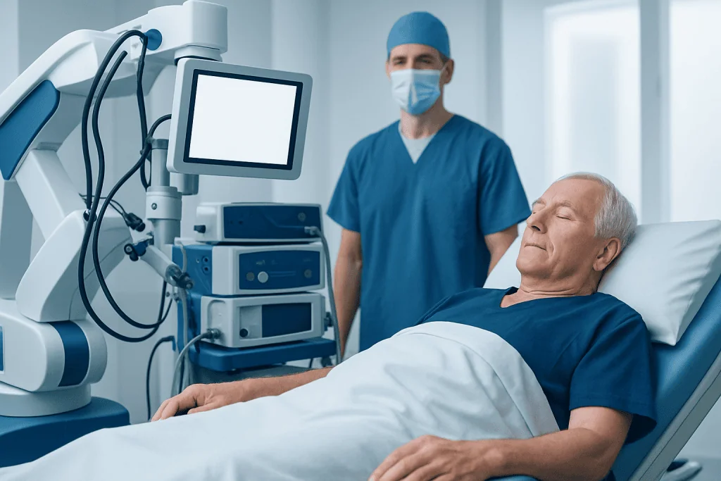 Urologist preparing for a TURP procedure with patient in hospital bed.