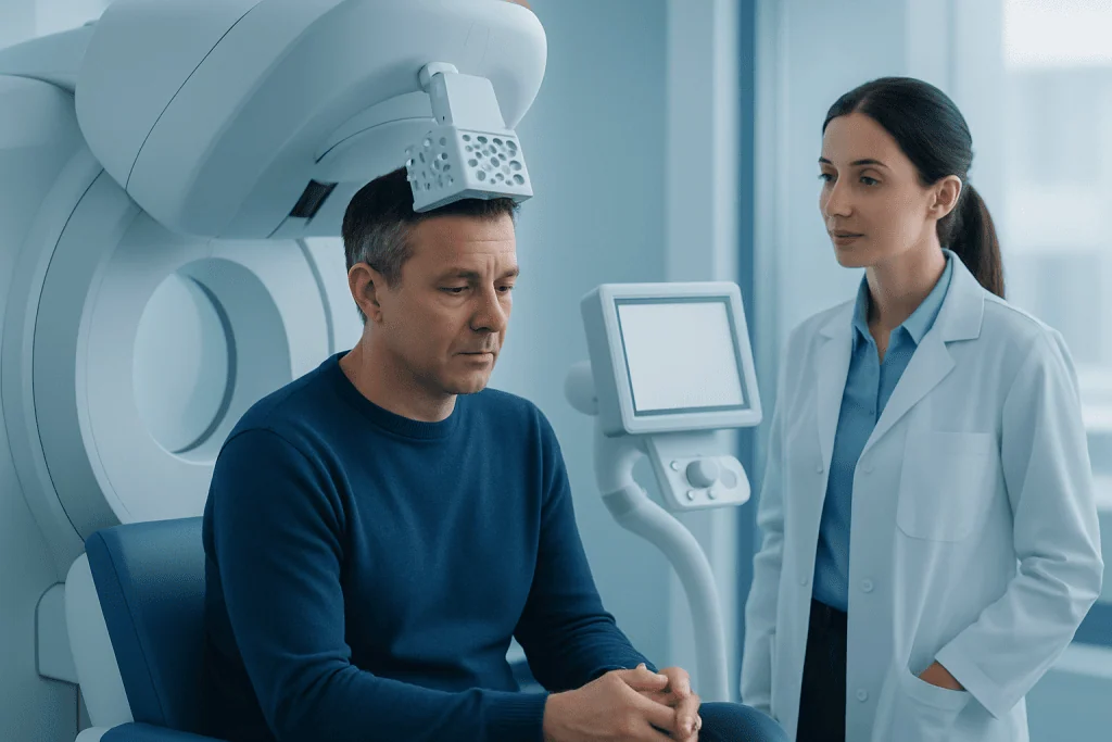 Patient undergoing brain scan at Acibadem Hospital with medical staff present.