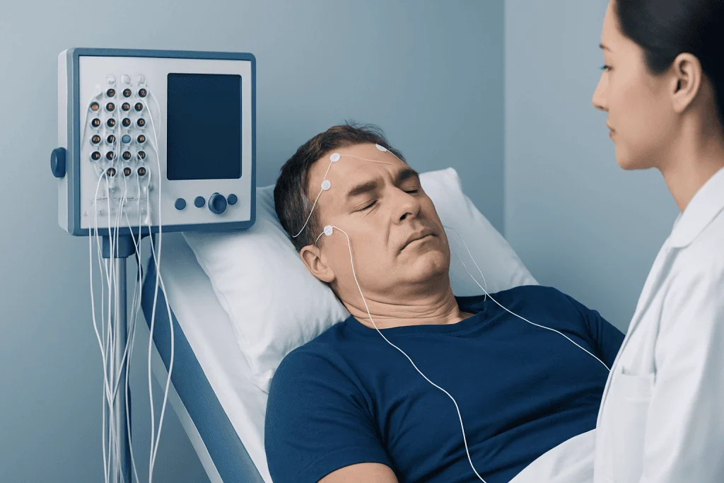 Patient undergoing a sleep study with EEG monitoring at Acibadem Hospital.