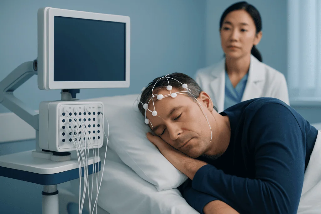 Patient undergoing a sleep study with EEG monitoring in a hospital setting.