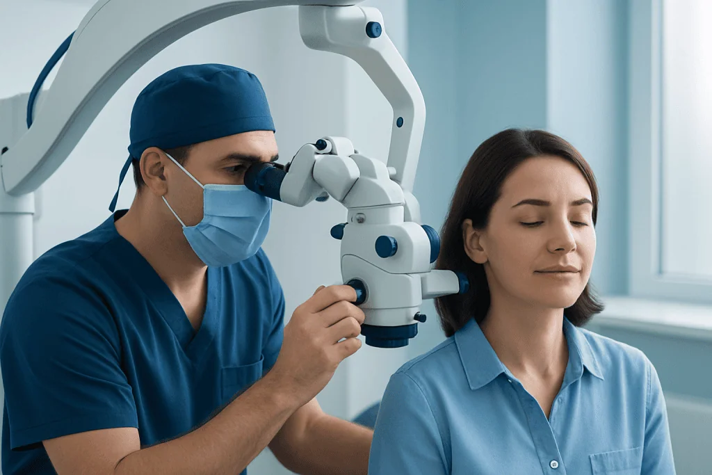 Doctor performing inner ear examination with specialized equipment.