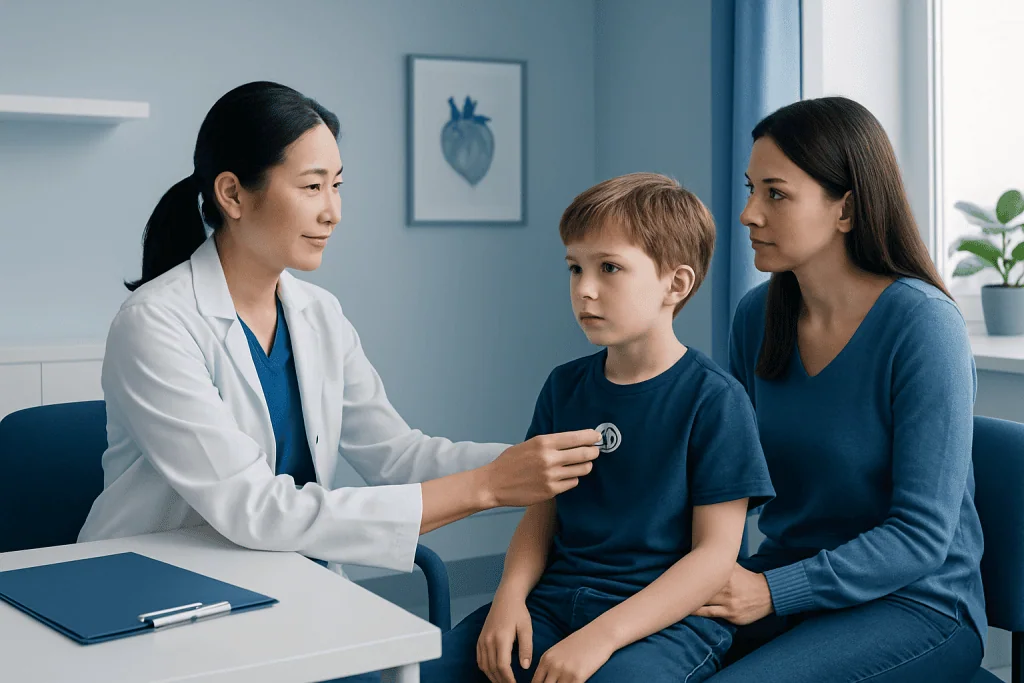 Pediatric cardiology consultation for heart murmur in children at a hospital.