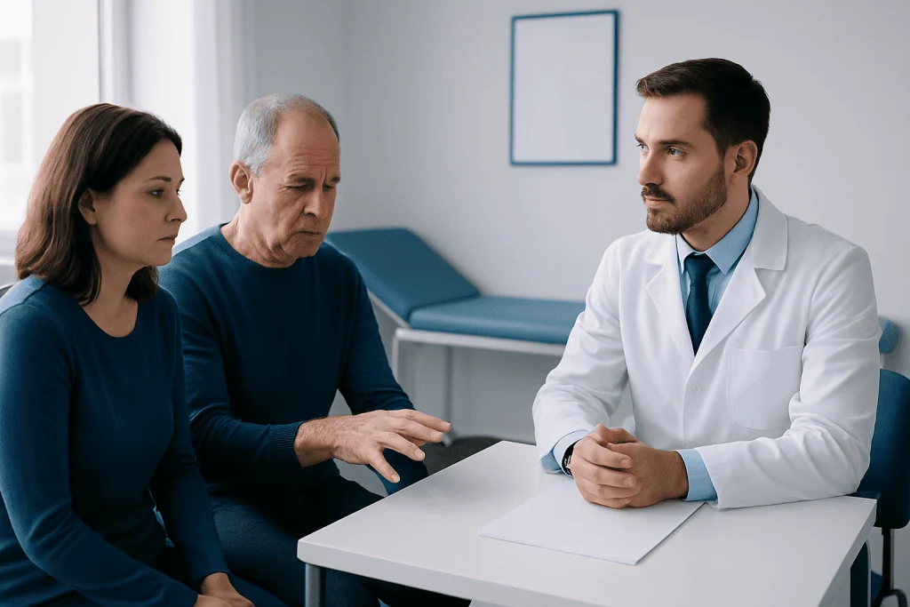 Doctor consulting with a patient and companion in a medical office.