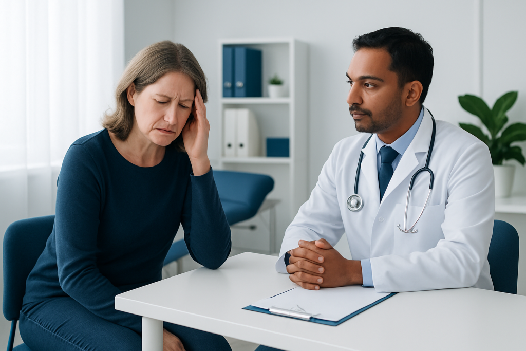 Doctor consulting with a patient experiencing headache symptoms in a clinic.