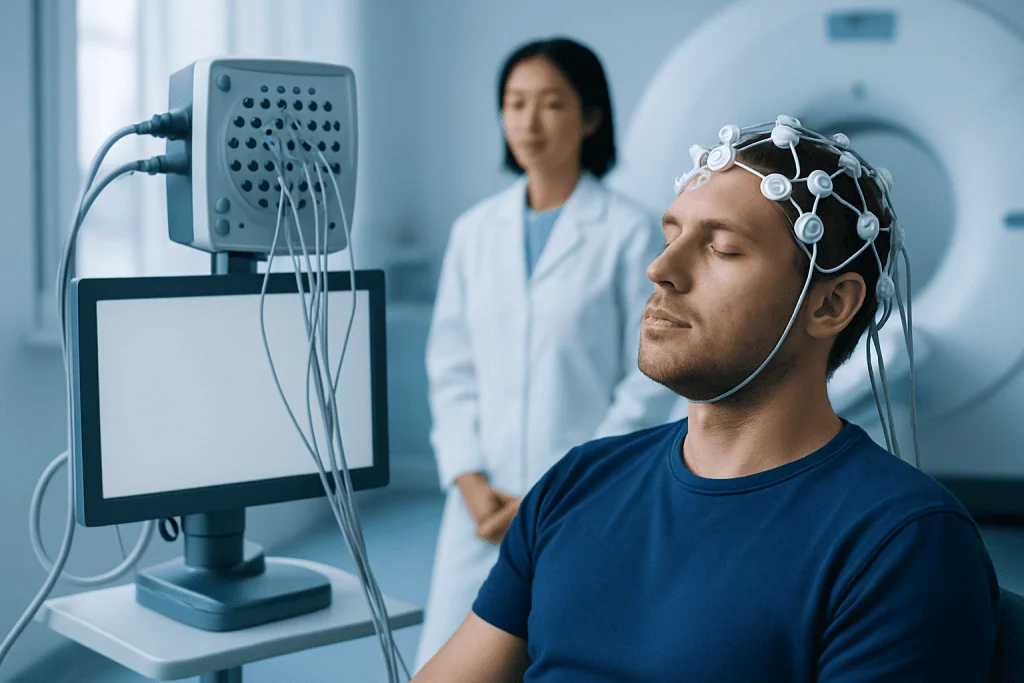 Patient undergoing neurological testing with EEG in a hospital setting.