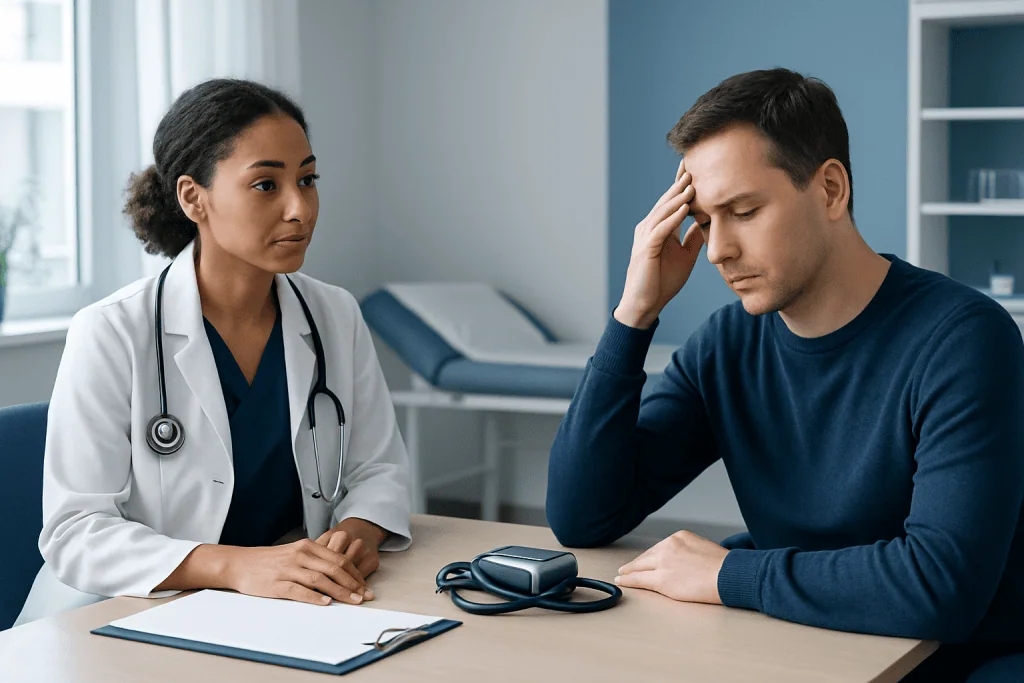 Doctor consulting with patient about high blood pressure symptoms.