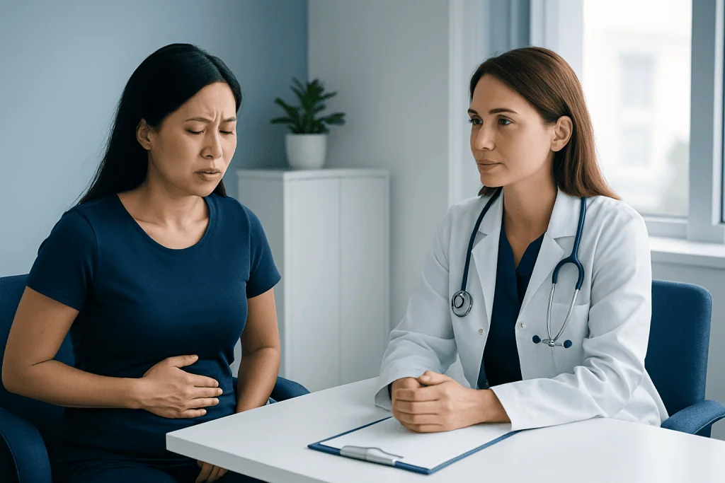 Doctor consulting with a woman patient about digestive health issues.