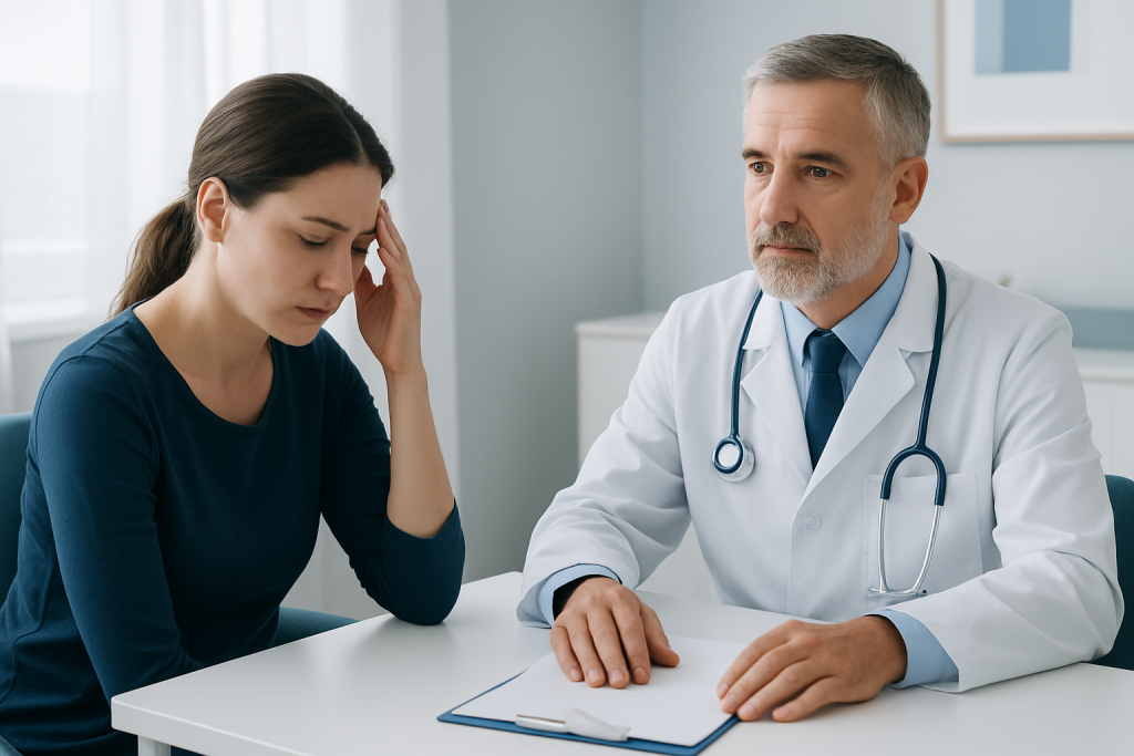 Doctor consulting with a patient about health concerns in a medical office.