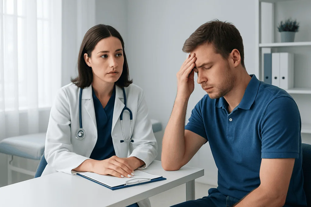 Doctor consulting with a patient experiencing headache symptoms in a clinic.
