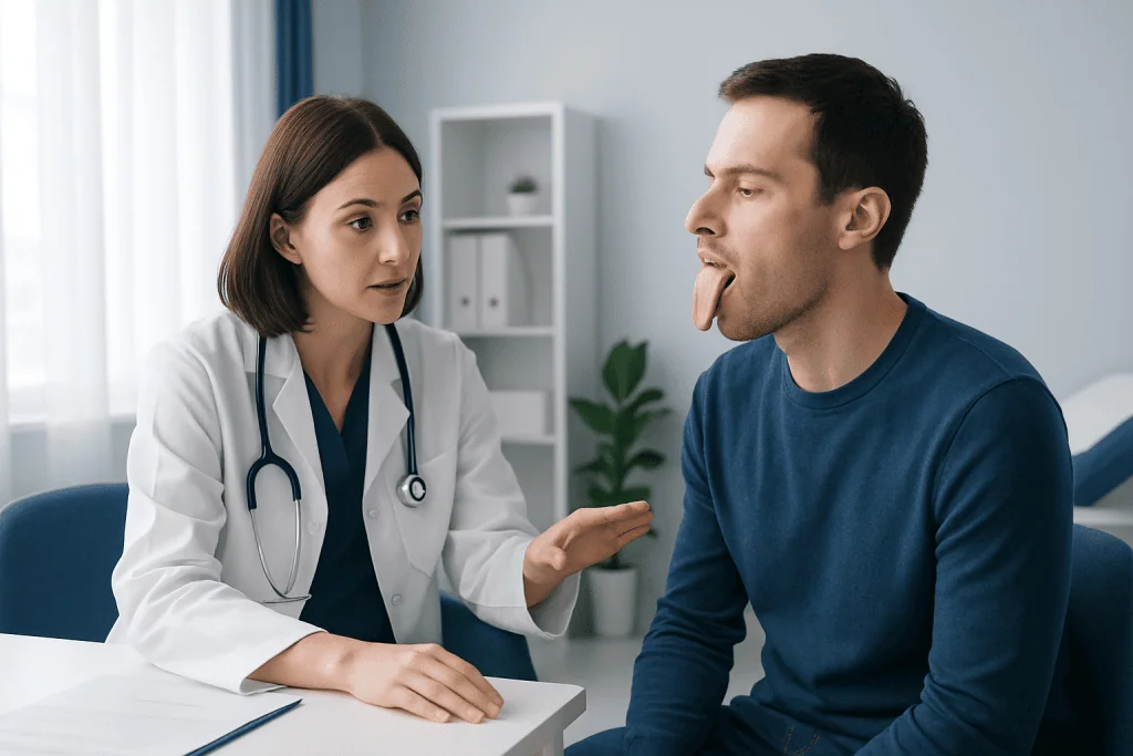 Doctor examining patient's tongue in a medical consultation.