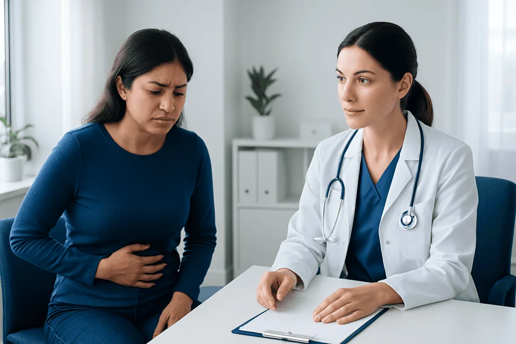 Doctor consulting with a patient about health concerns in a medical office.
