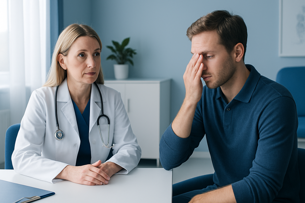 Doctor consulting with a patient experiencing headache or stress.