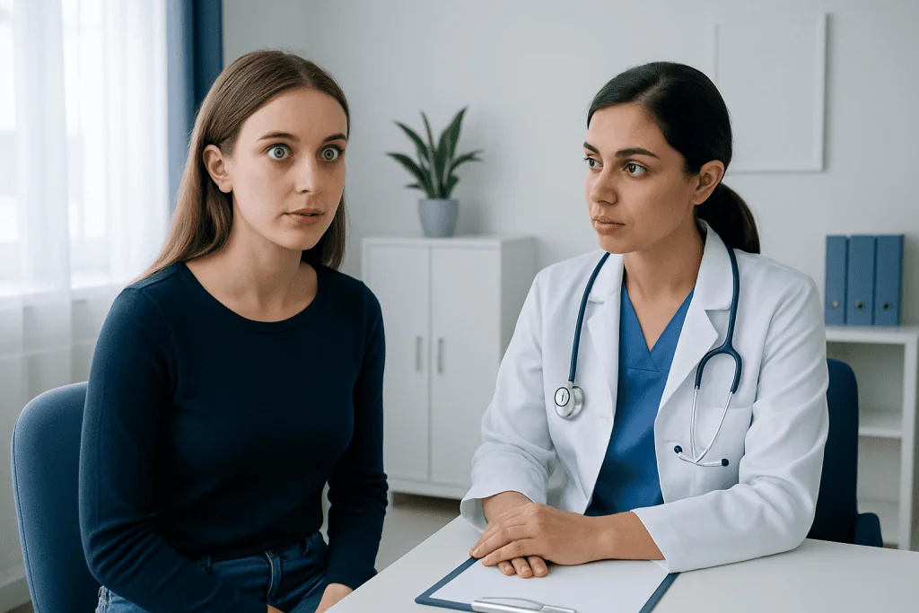 Doctor consulting with a young female patient in a medical office.