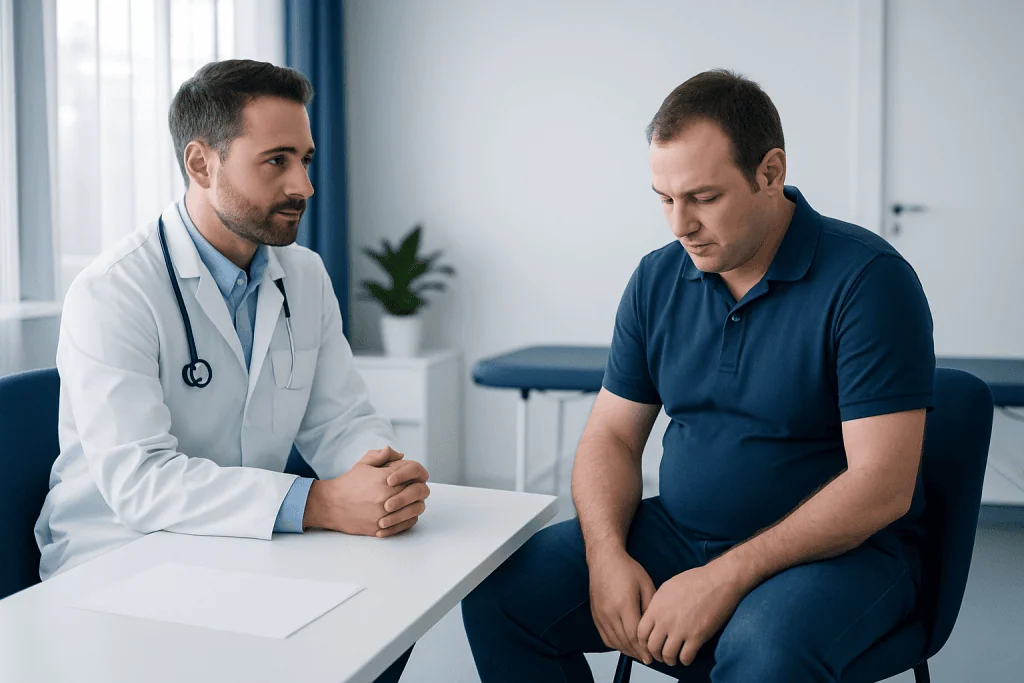 Doctor consulting with male patient about health concerns in clinic.