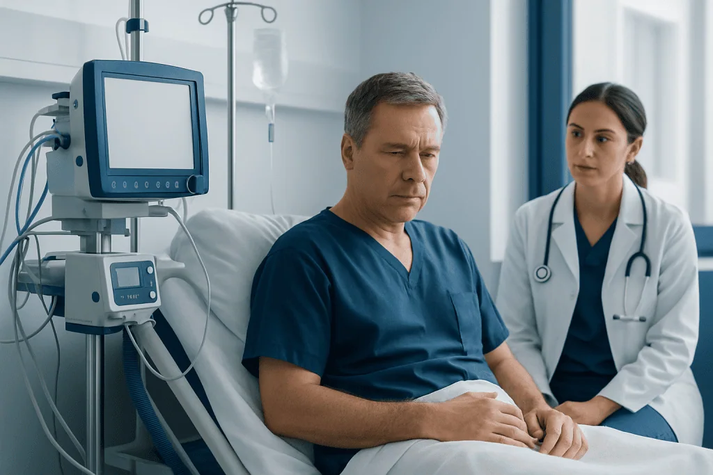 Doctor and patient in hospital room with medical equipment.