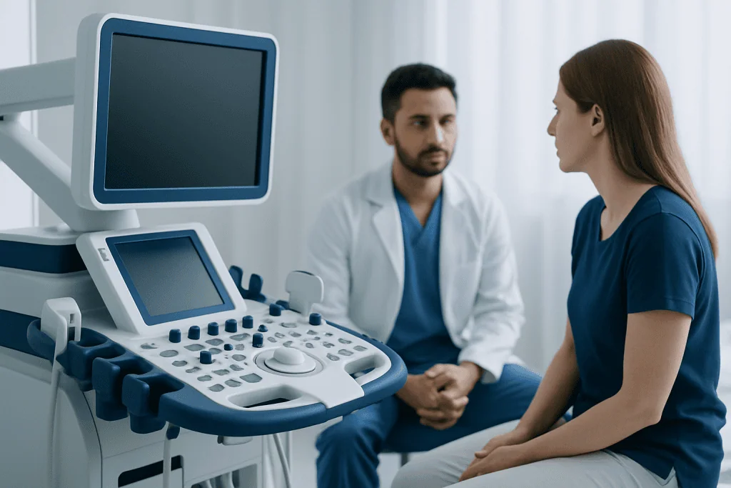 Doctor and patient during a medical consultation with ultrasound equipment.