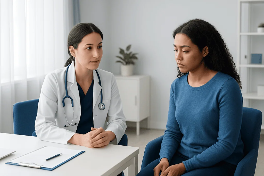 Doctor consulting with a patient in a modern clinic setting.