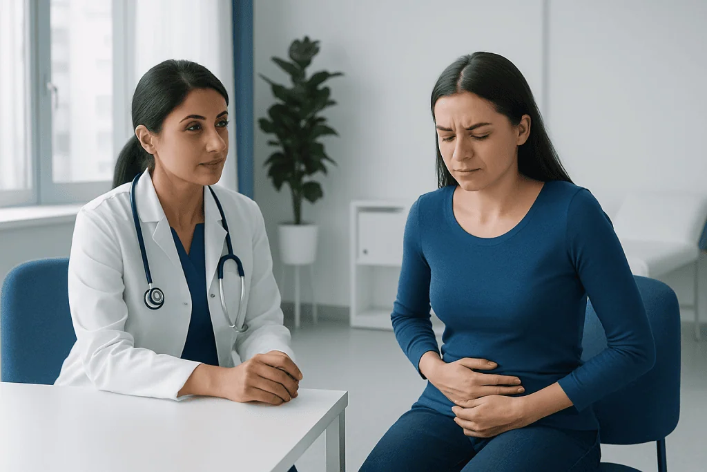 Doctor consulting with a woman patient experiencing abdominal discomfort.