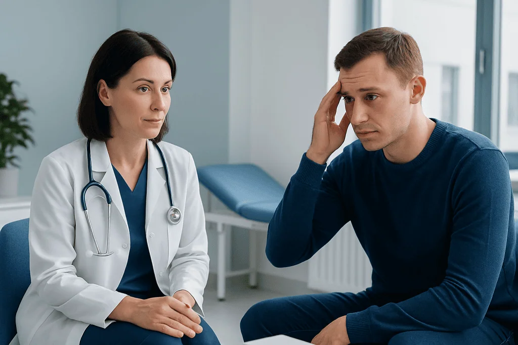 Doctor consulting with a patient about pinpoint pupils in a medical setting.