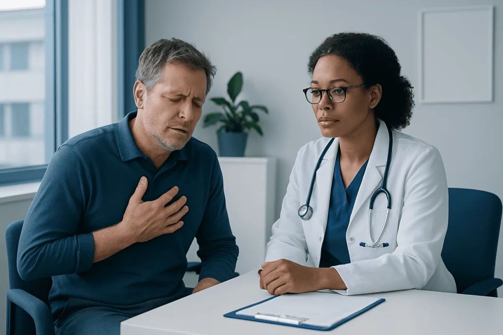 Patient experiencing chest discomfort during medical consultation at Acibadem Hospital.