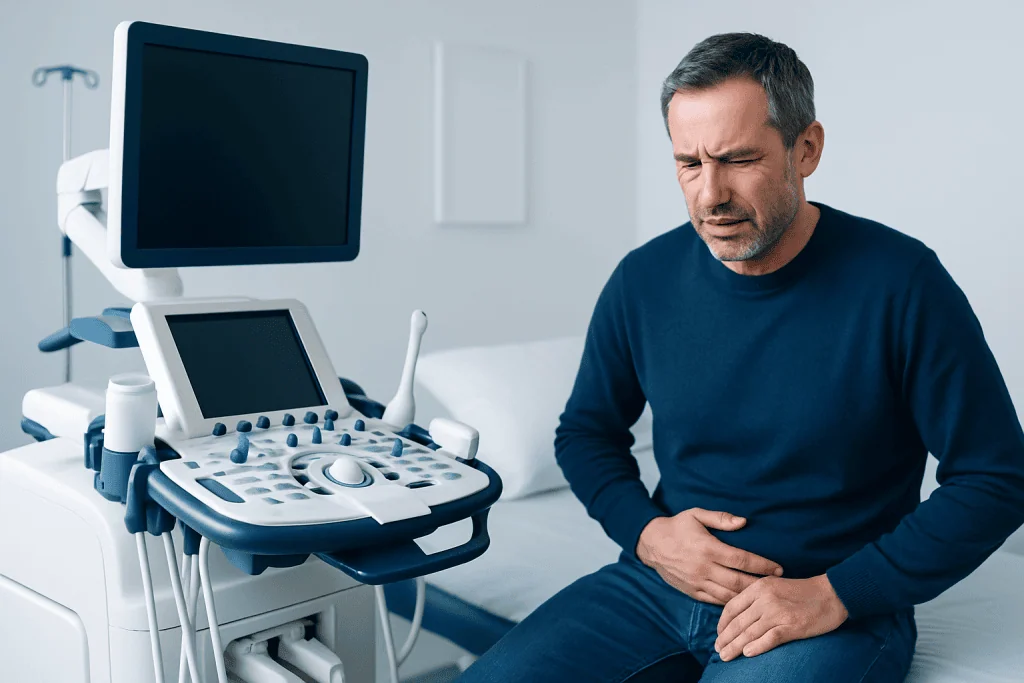 Man experiencing abdominal pain during a medical examination with ultrasound equipment.