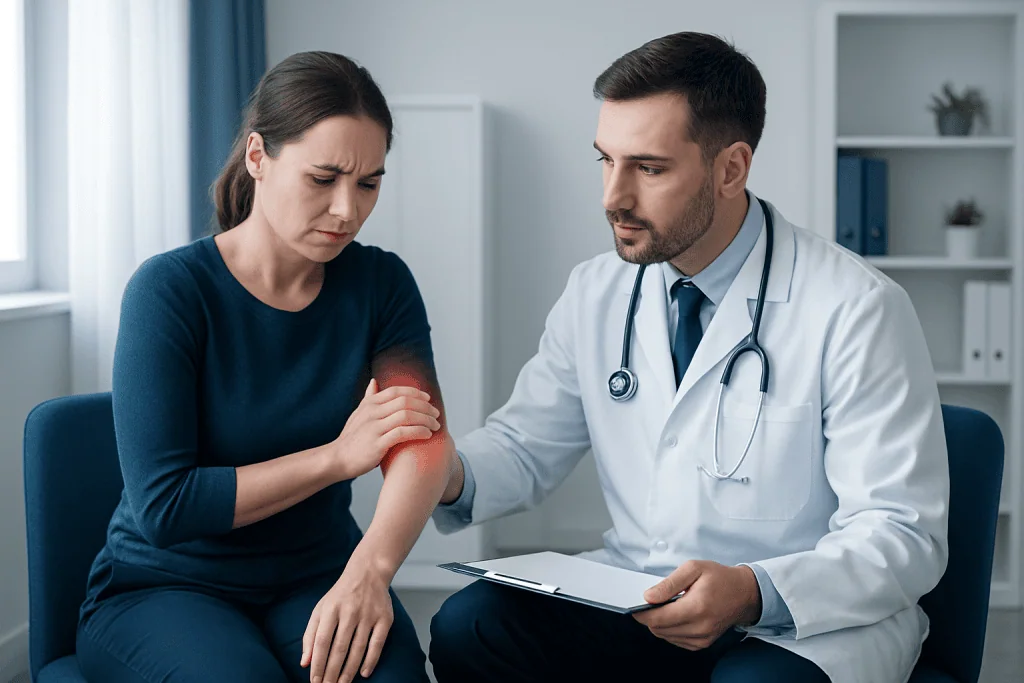 Doctor examining patient's arm with pain, in a clinical setting.