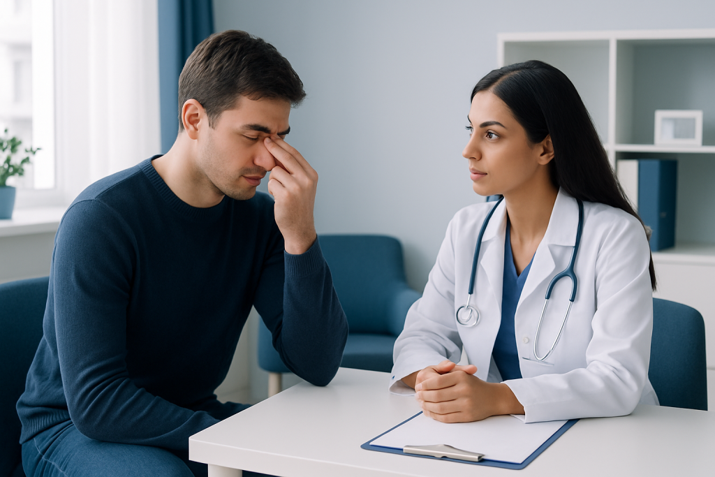 Doctor consulting with a patient about nasal issues in a clinic setting.