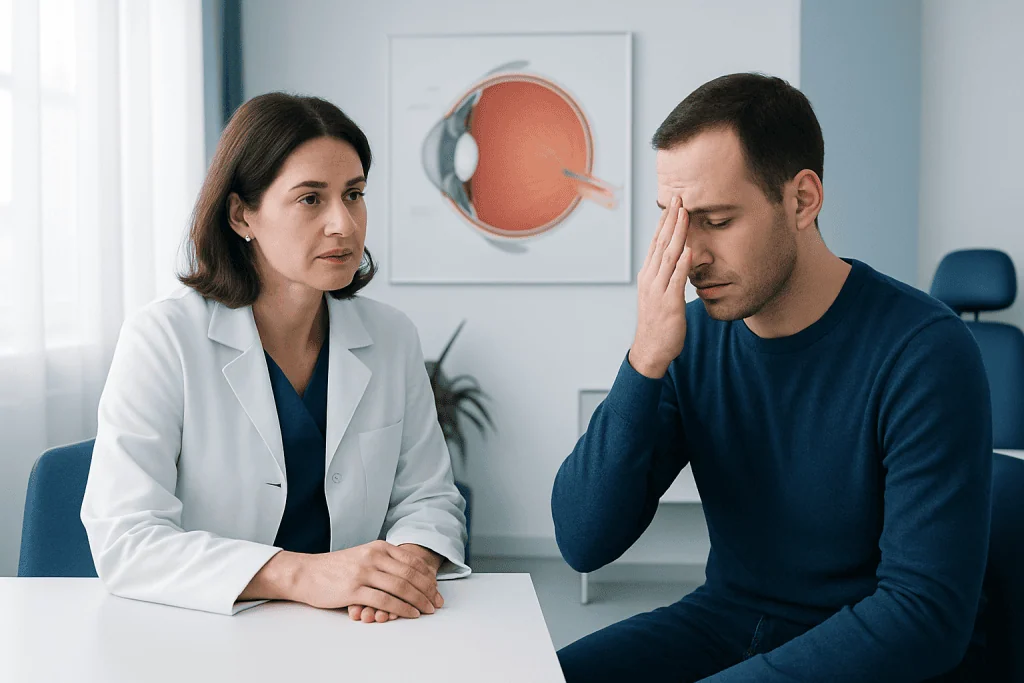 Patient consulting with doctor about eye health and retina issues.