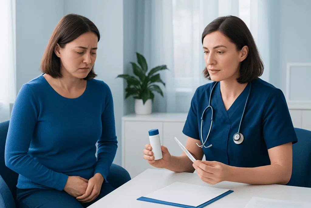 Doctor explaining UTI test strips to patient in clinic setting.
