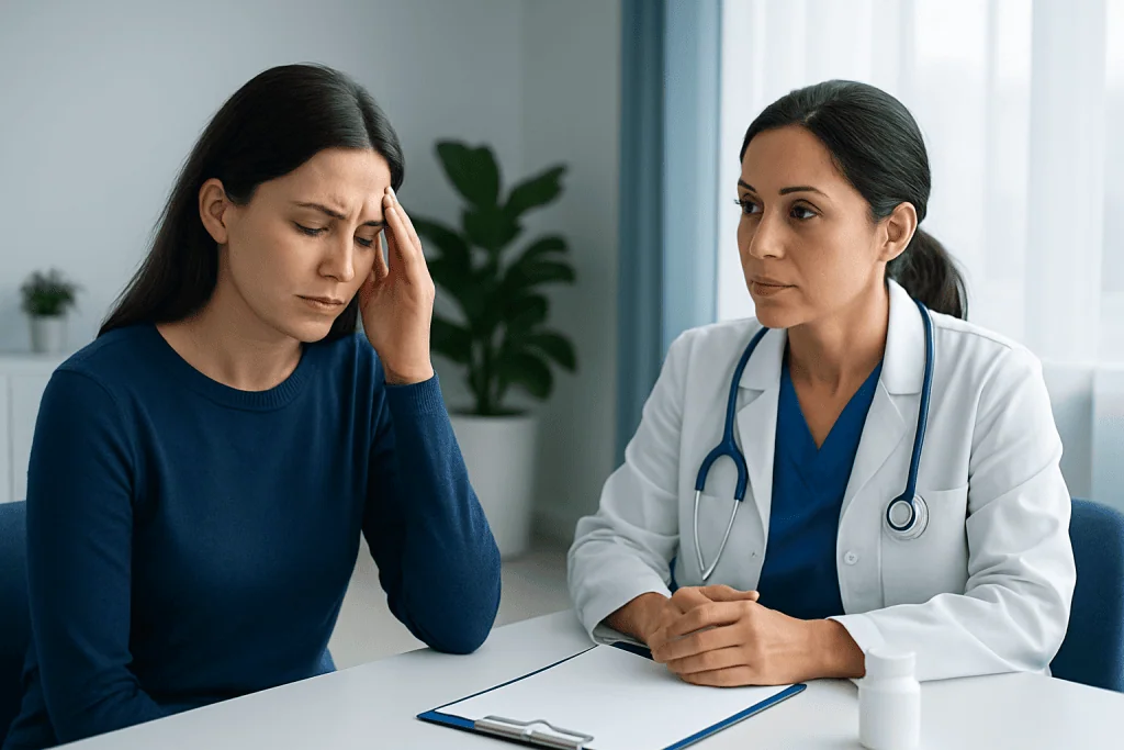 Woman with headache consulting doctor in clinic setting.