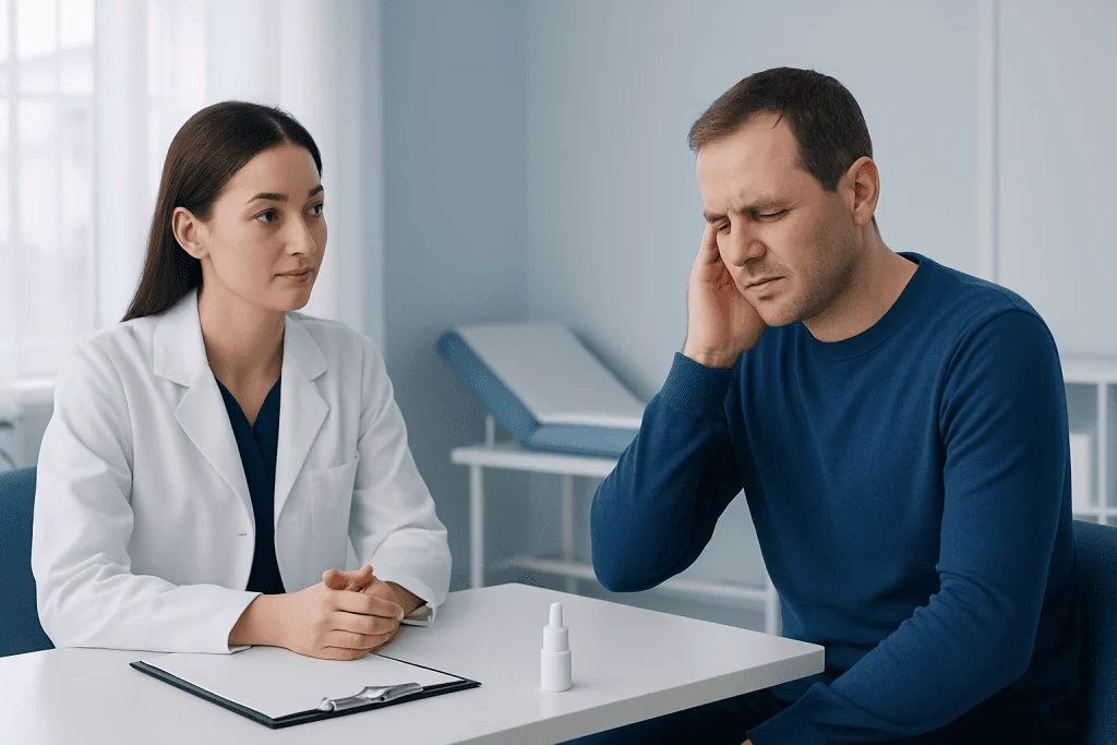Doctor consulting patient with ear pain in a clinical setting.