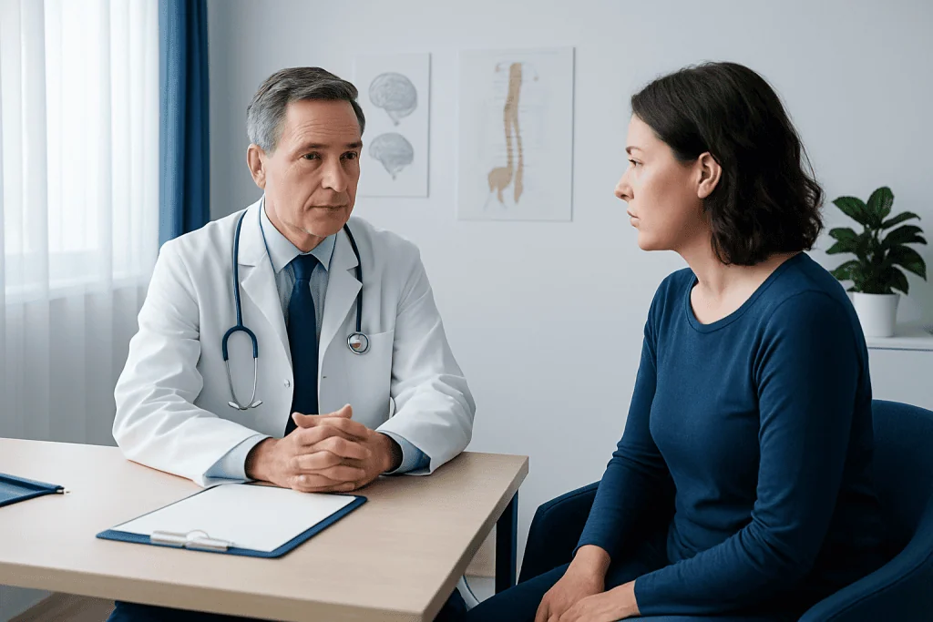 Doctor consulting a patient about sleep issues in a medical office.