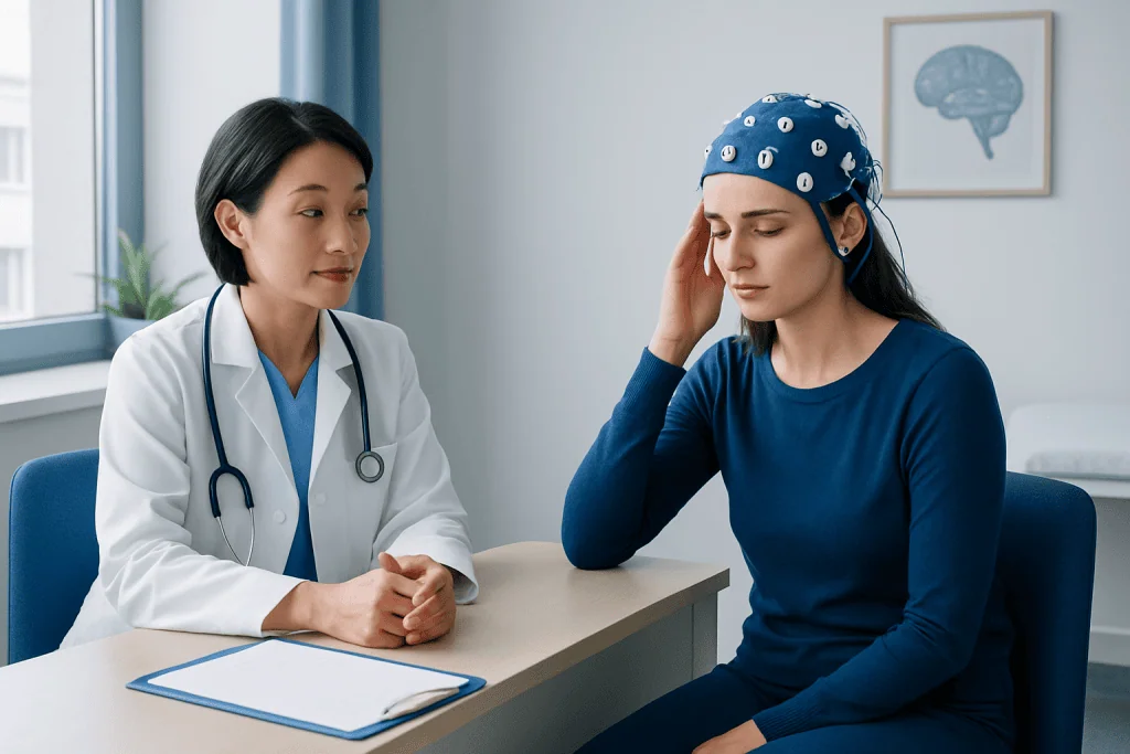 Doctor explains EEG monitoring to patient with seizure symptoms in clinic.