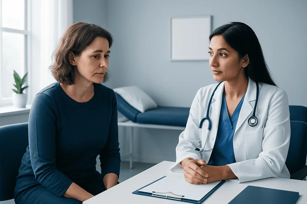 Doctor consulting with a female patient in a medical office.