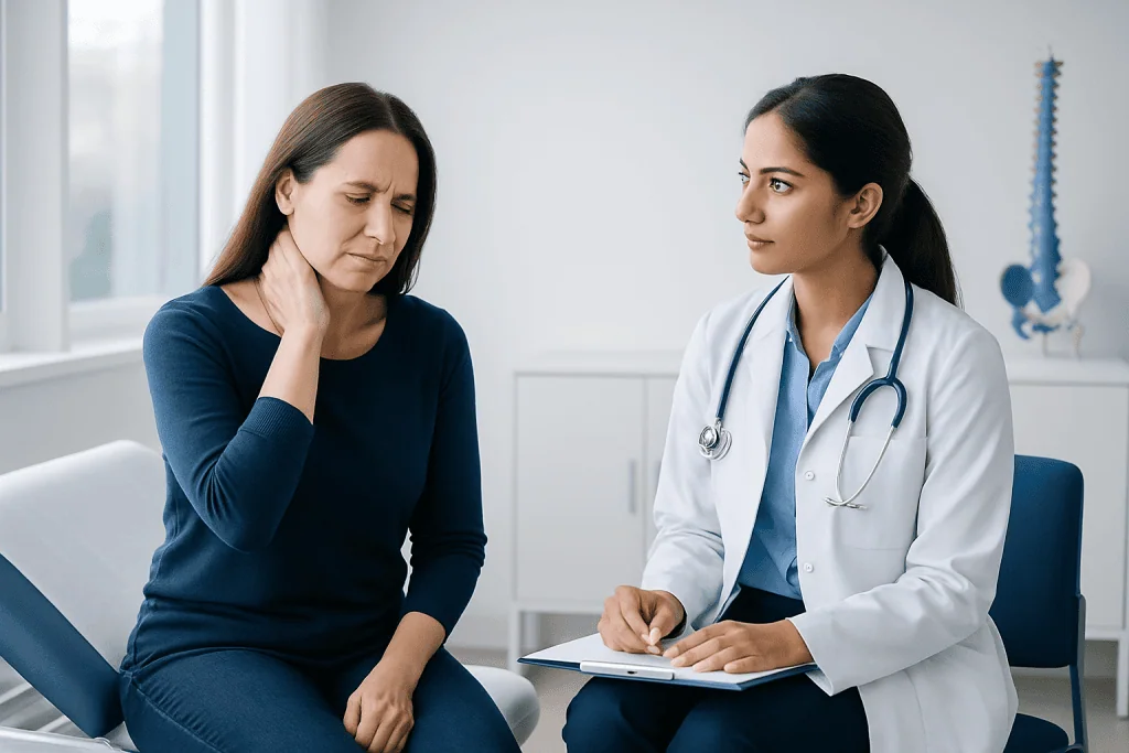 Doctor consulting with a woman patient about neck pain in a medical office.