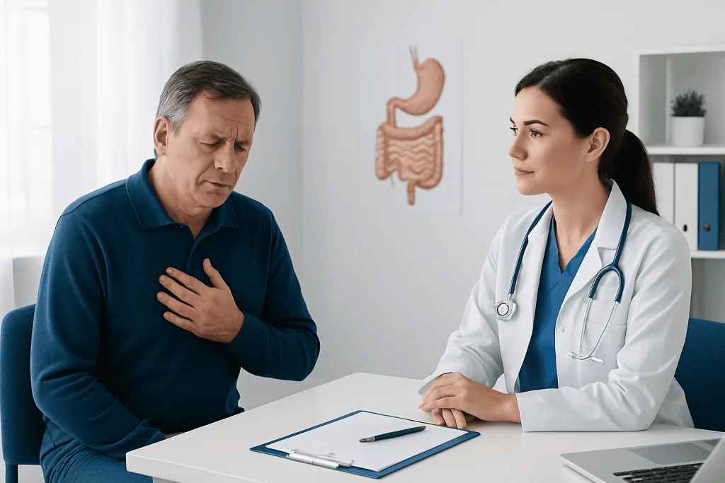 Doctor examining a patient with chest pain in a medical consultation room.