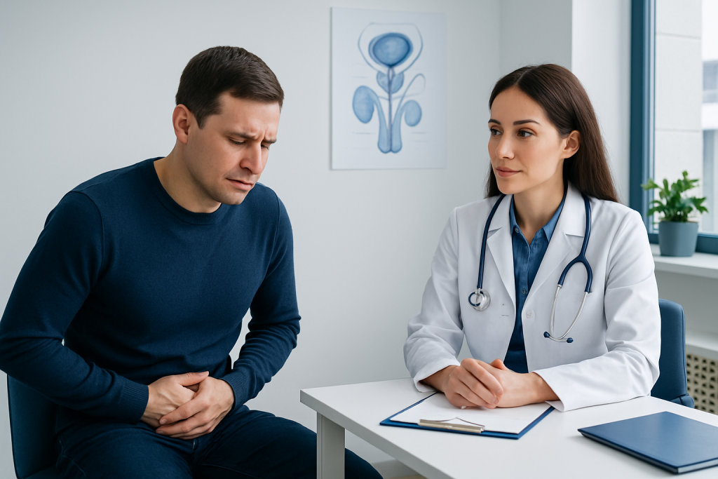 Urologist consulting male patient about prostate health.
