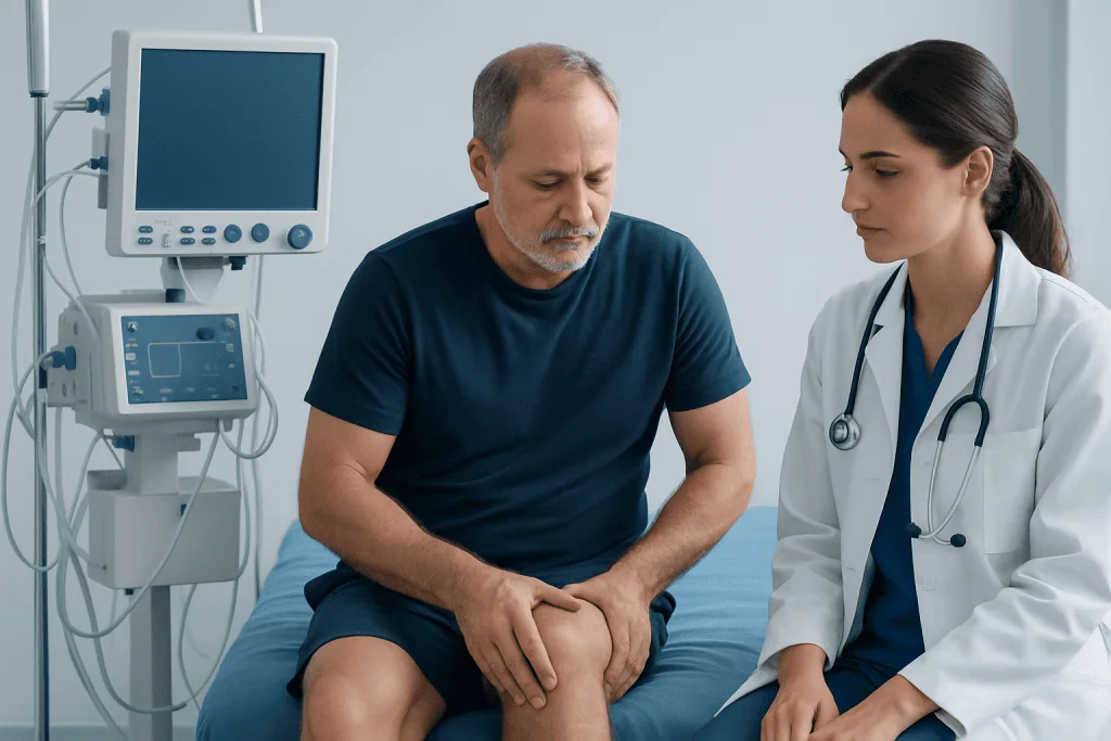 Doctor examining patient's knee in hospital setting for blood clot symptoms.