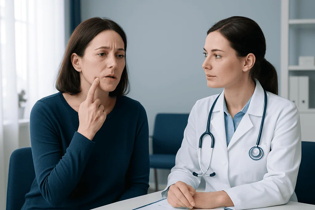 Woman consulting with doctor about oral health concerns at Acibadem Hospital.