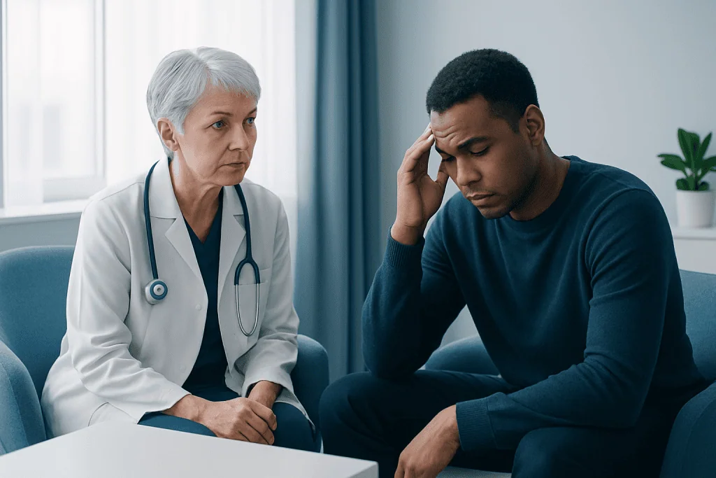 Doctor consulting with a young male patient in a medical office.
