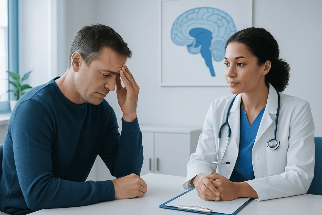 Patient consulting with a doctor about neurological health issues.