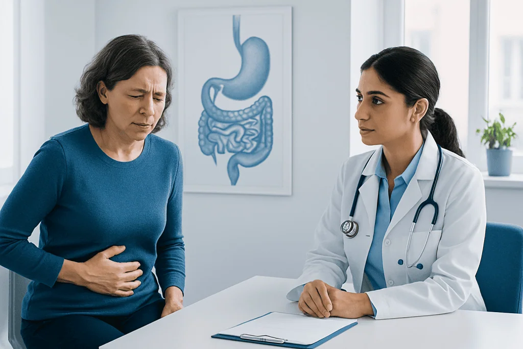 Doctor consulting with patient about digestive health and lower esophageal sphincter.